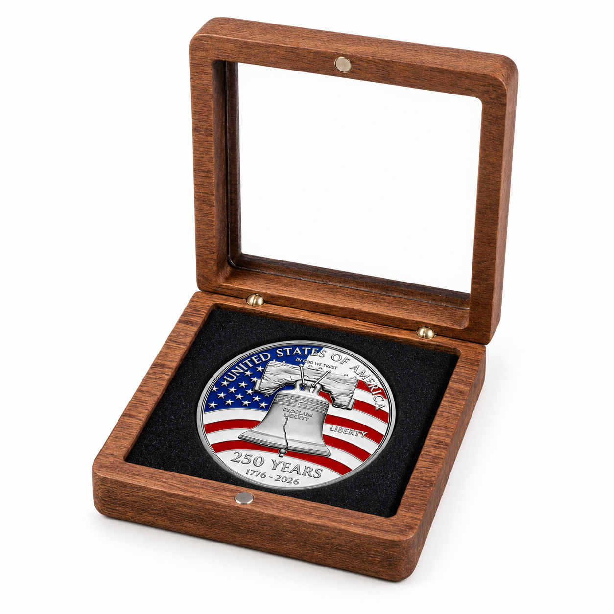 America 250 collectible displayed in optional wooden gift box